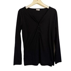 Women’s Black Ribbed Long Sleeve Henley Top – Size L